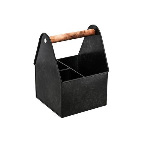 78770 Chef Inox Coney Island 3-Compartment Utensil Caddy Black w/ Wood Handle 170x170x230mm